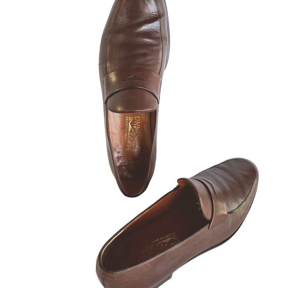 Vintage 1980s Ferragamo Men’s Brown Leather Penny Loafers Made in Italy 11.5D - Picture 2 of 13